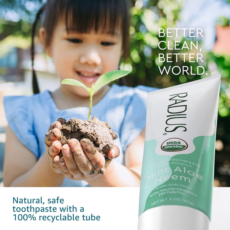 RADIUS Toothpaste, Mint Aloe Neem, 3 oz, USDA Organic Non-Toxic Chemical-Free Gluten-Free, Designed to Improve Gum Health & Prevent Cavities, Pack of 1 - Image 3